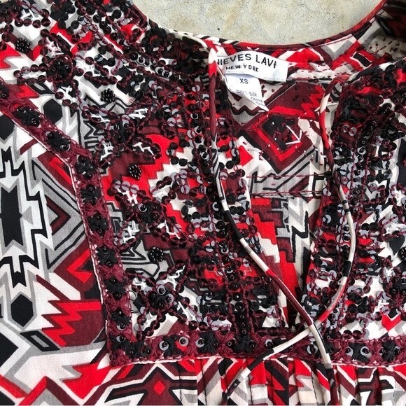 Nieves Lavi Silk Mini Dress Tunic Beaded Embellished Aztec Printed Red Black XS - Picture 3 of 5